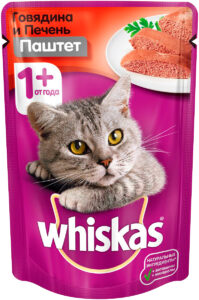 Whiskas кошачий корм с Говядиной и Печенью паштет 85гр