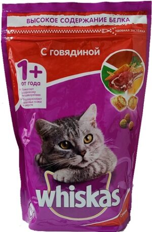 Whiskas кошачий корм Сухой с Говядиной пак. 350гр