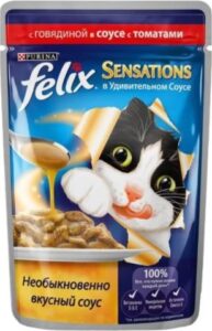 Felix Sensations кошачий корм с Говядиной и Томатами в соусе 85гр