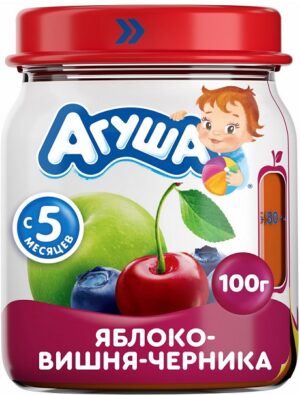 Агуша Пюре фруктовое Яблоко Вишня Черника банка 100мл