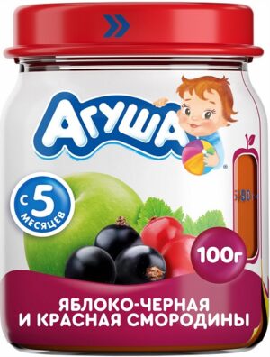 Агуша Пюре фруктовое Яблоко Чёрная и Красная смородина банка 100мл