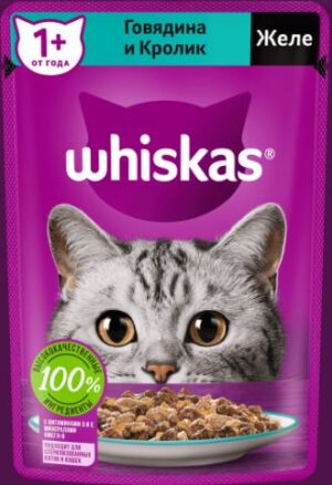 Whiskas кошачий корм с Говядиной и Кроликом в желе 75гр